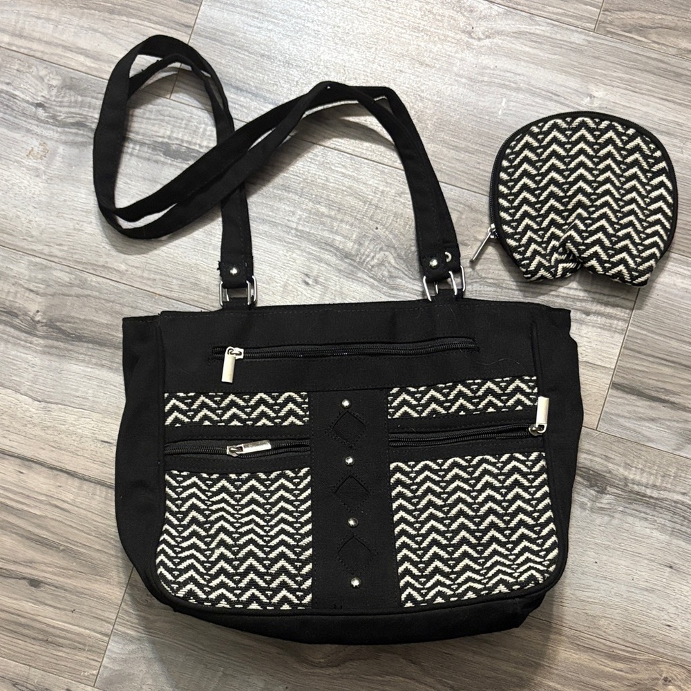 Black Woven Accent Shoulder Bag with Coin Pouch